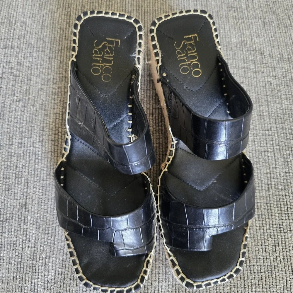 Franco‎ Sarto 8 M Clave Black Embossed Croco Leather Espadrille Wedge Sandals.